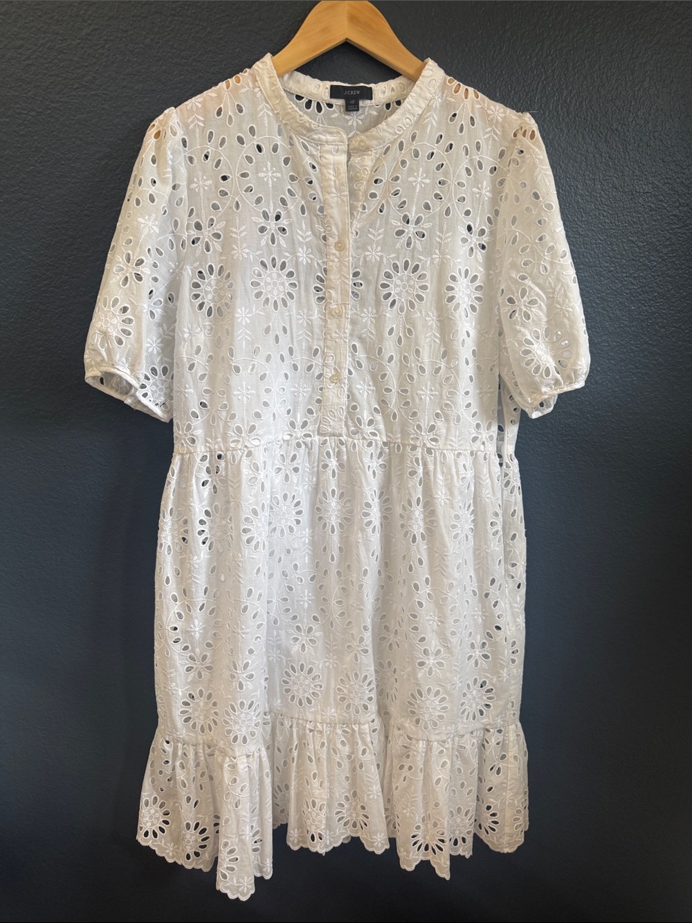 J. Crew Ivory Floral Eyelet Puff Sleeve Ruffle-Hem Dress